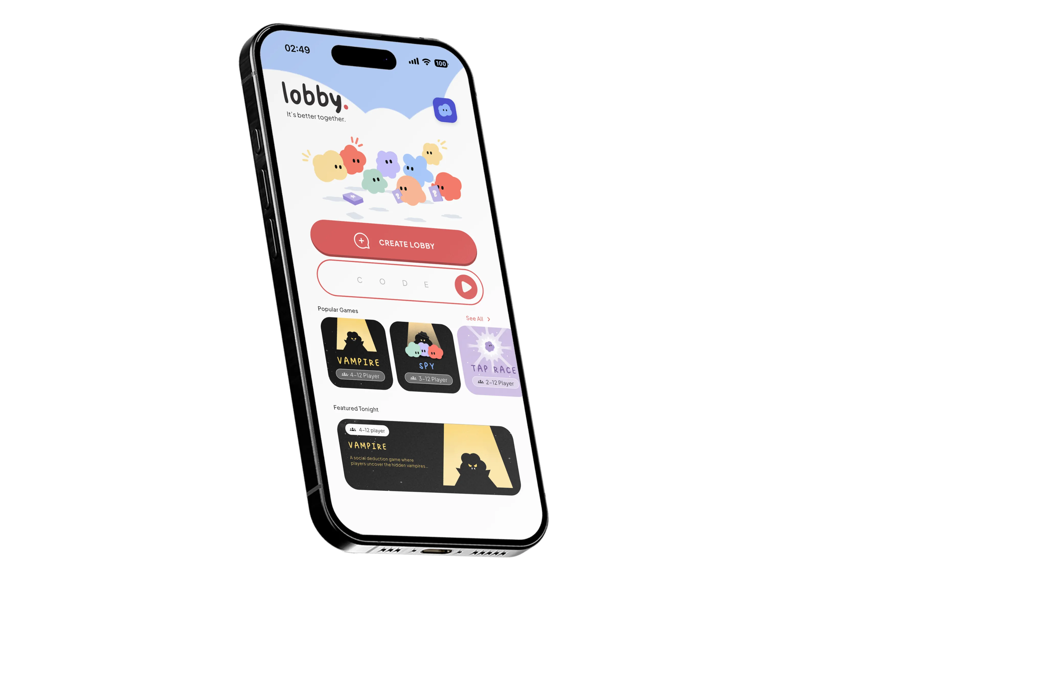 The lobby app home screen: create a lobby, join with a code, popular games