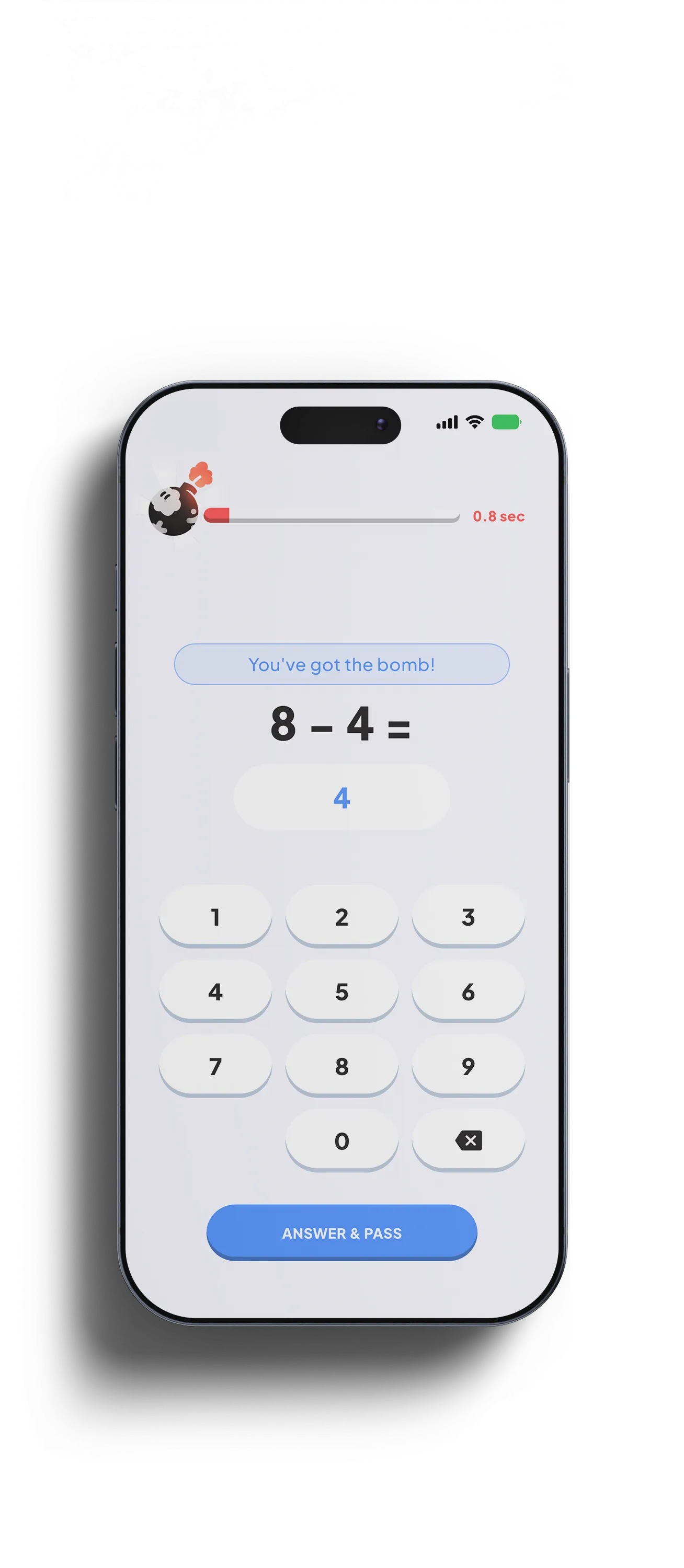 Math Bomb: solve 8 − 4 and pass the bomb